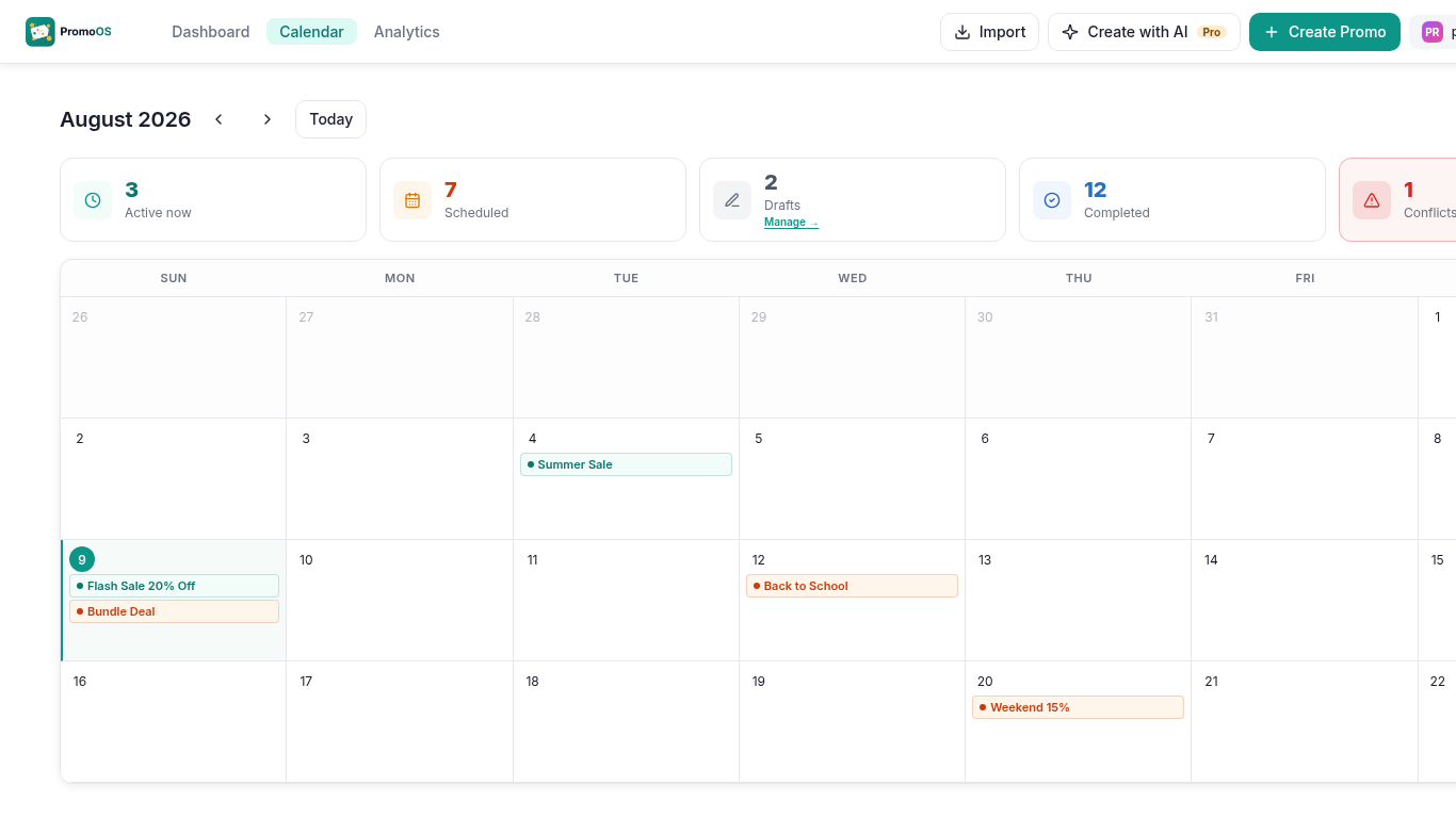 PromoOS promo calendar: scheduling a discount campaign's start and end dates