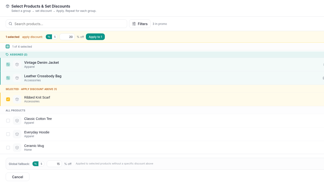 PromoOS product picker: selecting products and setting a percentage or fixed-amount discount